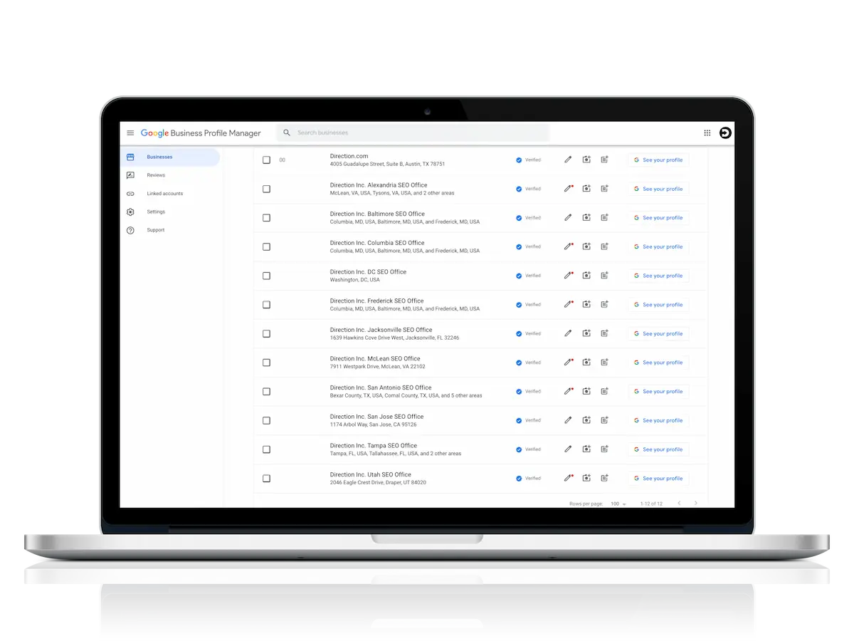 A list of Direction's Google Business Profile Listings