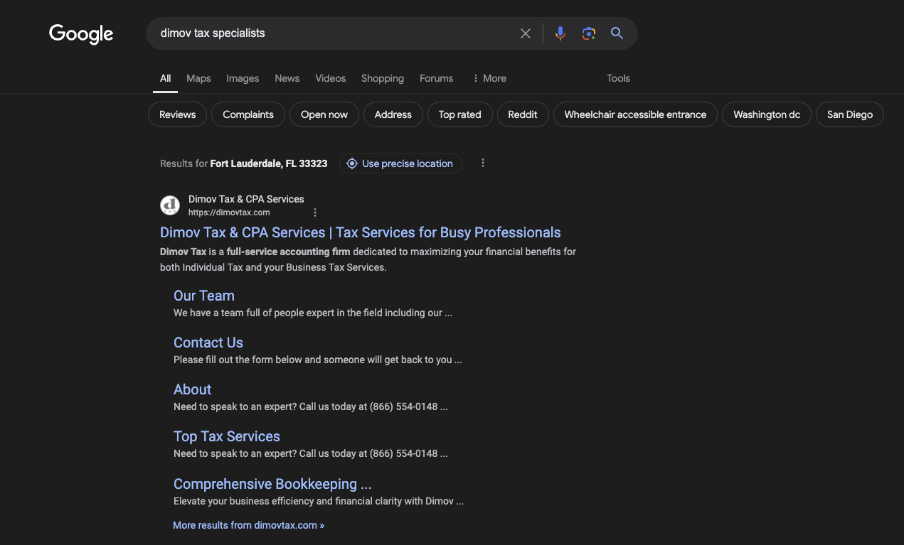 The Long-Term ROI Produced by Technical and On-Page SEO: Why It's Always Necessary 2 Site links produced for DImov Tax Specialists