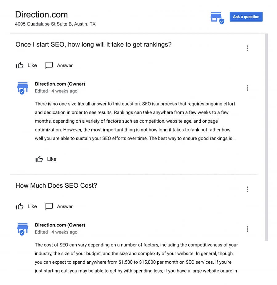 Direction GBP Questions and Answers