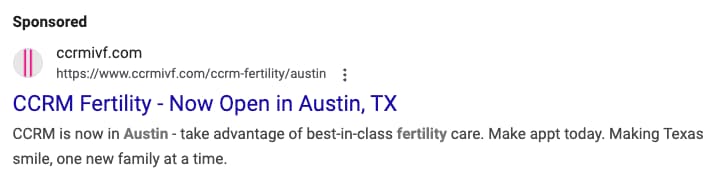Google ad example for an IVF center.