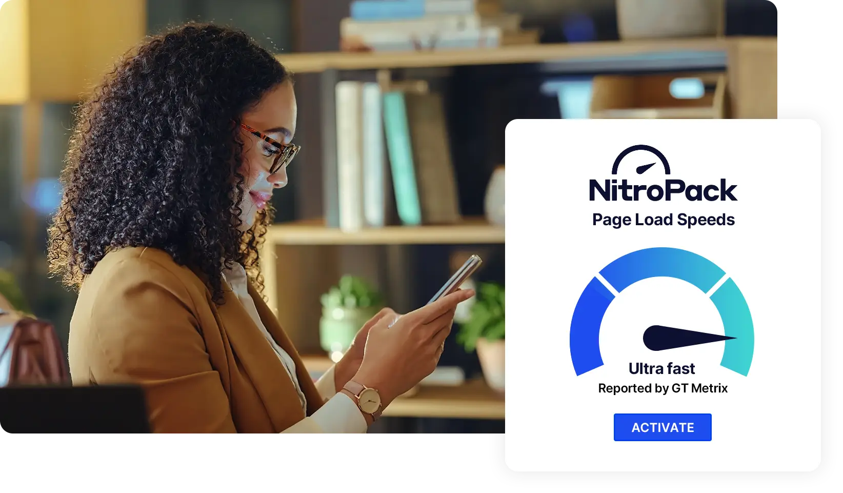 Happy business owner looking at screen showing fast website performance.