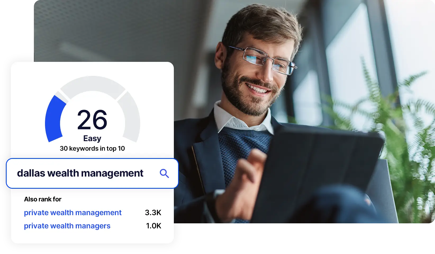 Business owner looking at his iPad with free keyword research report.