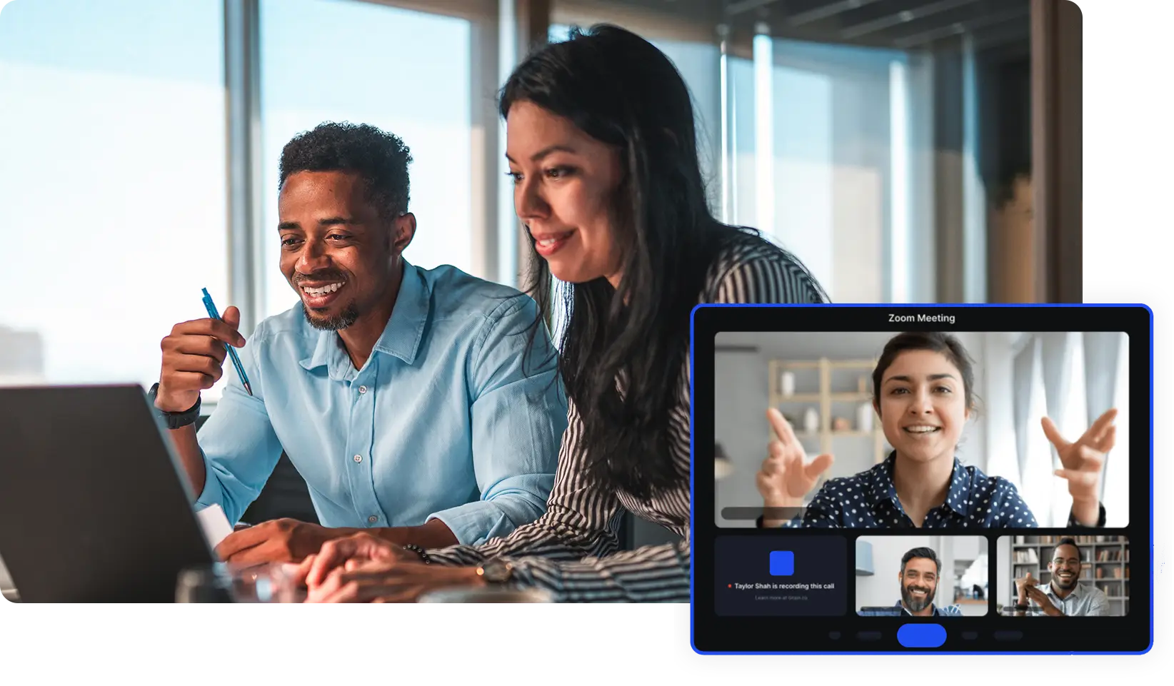 Business owners and Direction.com employee on a video call discussing their SEO results for the month.