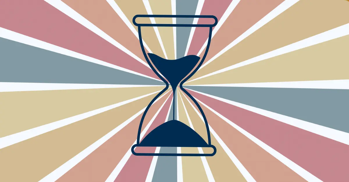 A minimalist hourglass illustration with sand flowing, set against a colorful radial background, representing time, patience, and urgency.