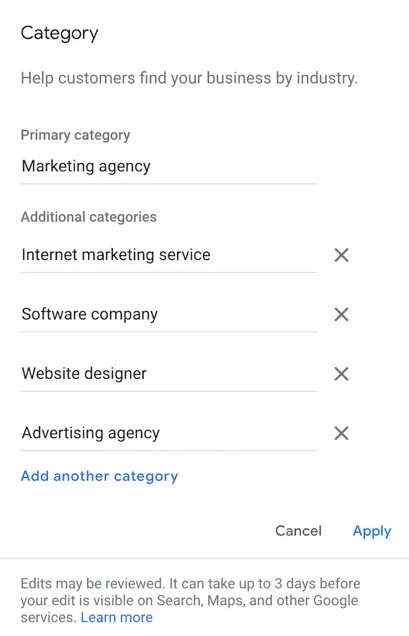 Google Business Categories