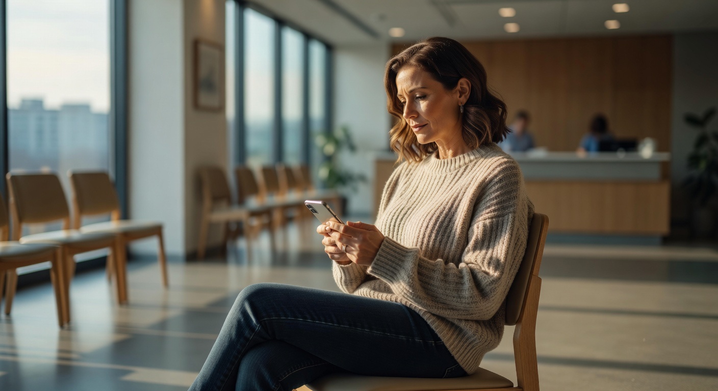 Patient in a medical waiting room searching on their phone - representing the patient journey that healthcare SEO is built to intercept