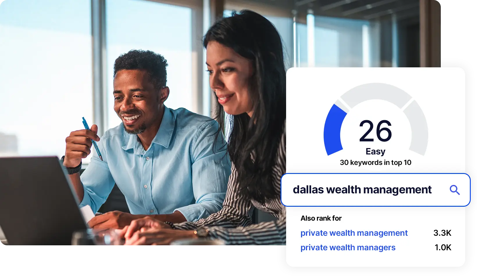 Wealth management employees researching keywords from seo audit report.