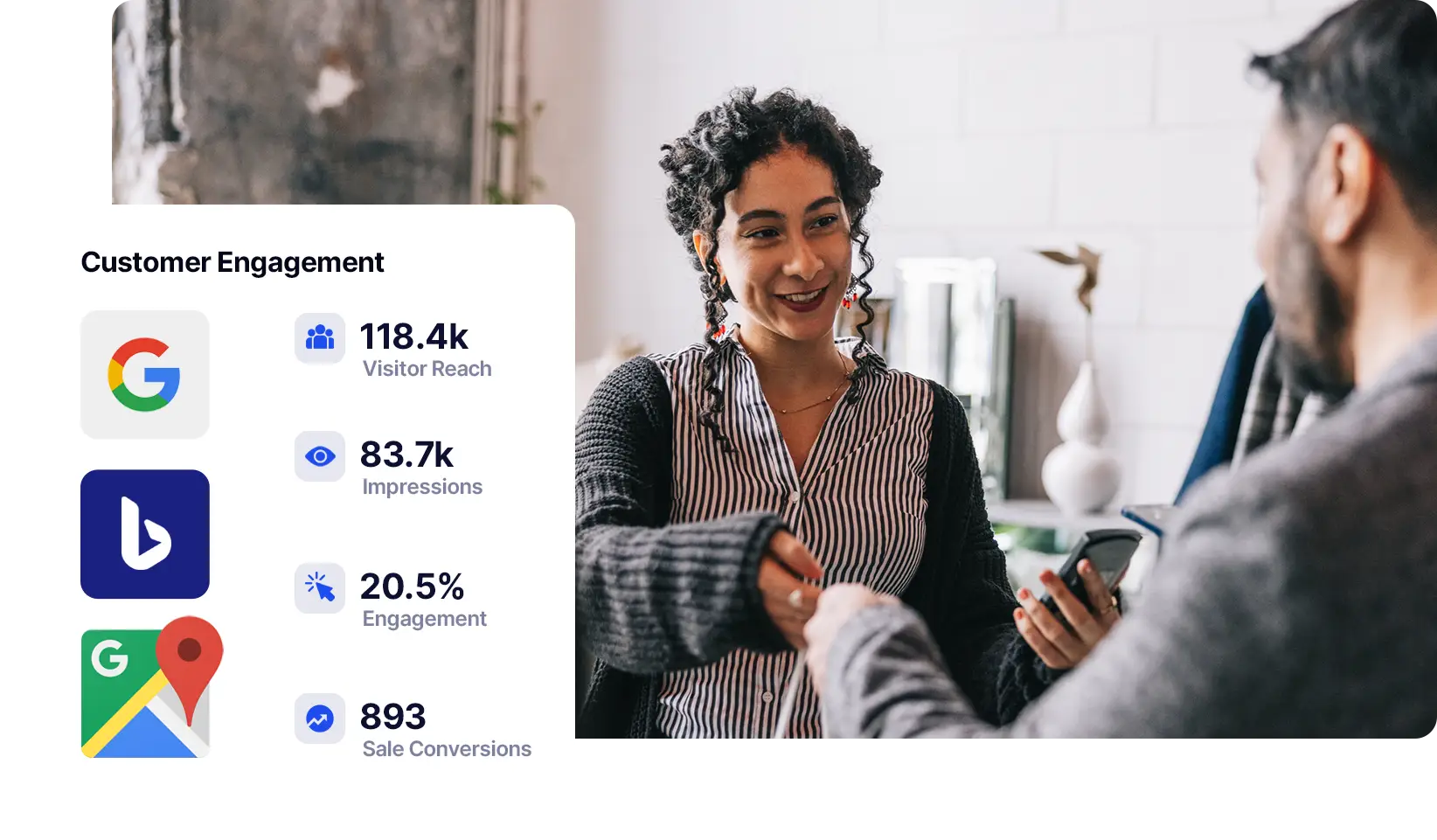 A female coffee shop owner completing a transaction with a customer.