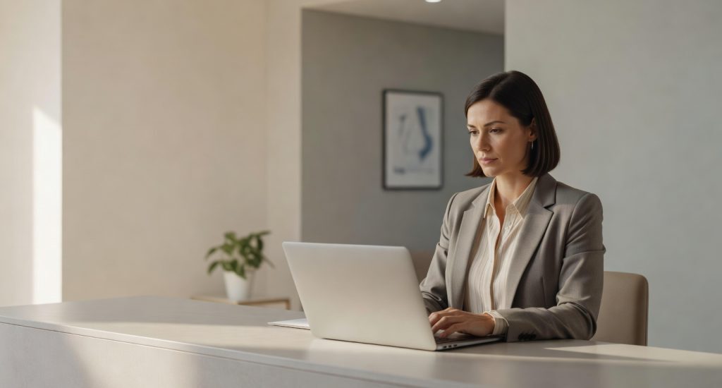 Practice administrator reviewing on-page SEO performance on a laptop at a medical practice desk