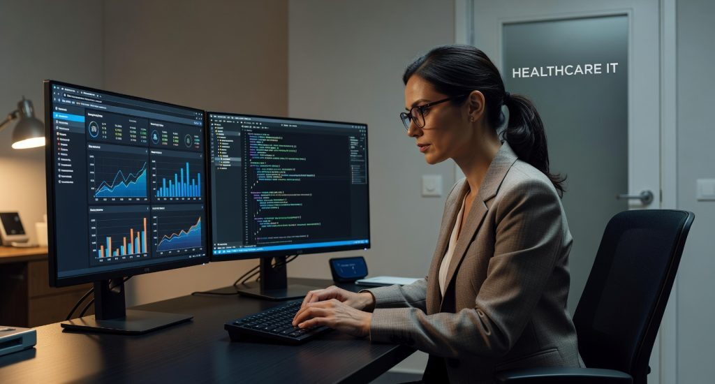 Healthcare IT professional reviewing technical SEO data and website analytics on dual monitors