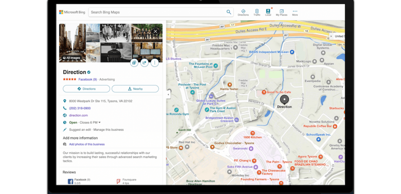 Bing Places for Business Direction Listing