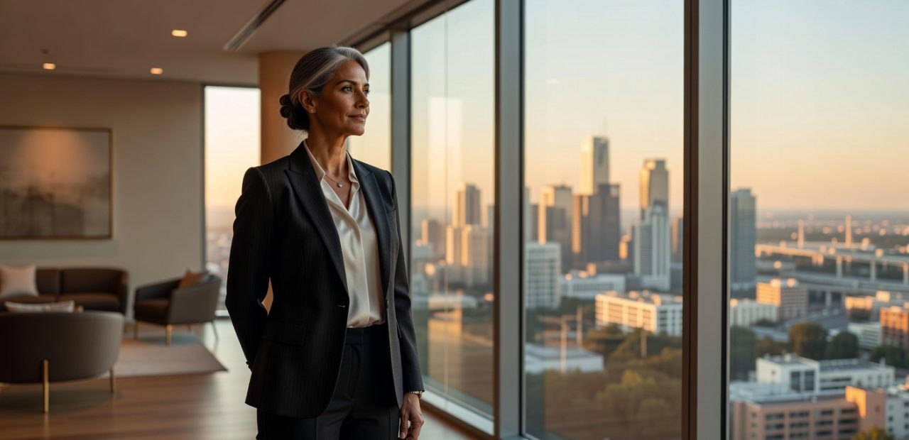 Healthcare practice leader looking out over city skyline - representing strategic healthcare SEO