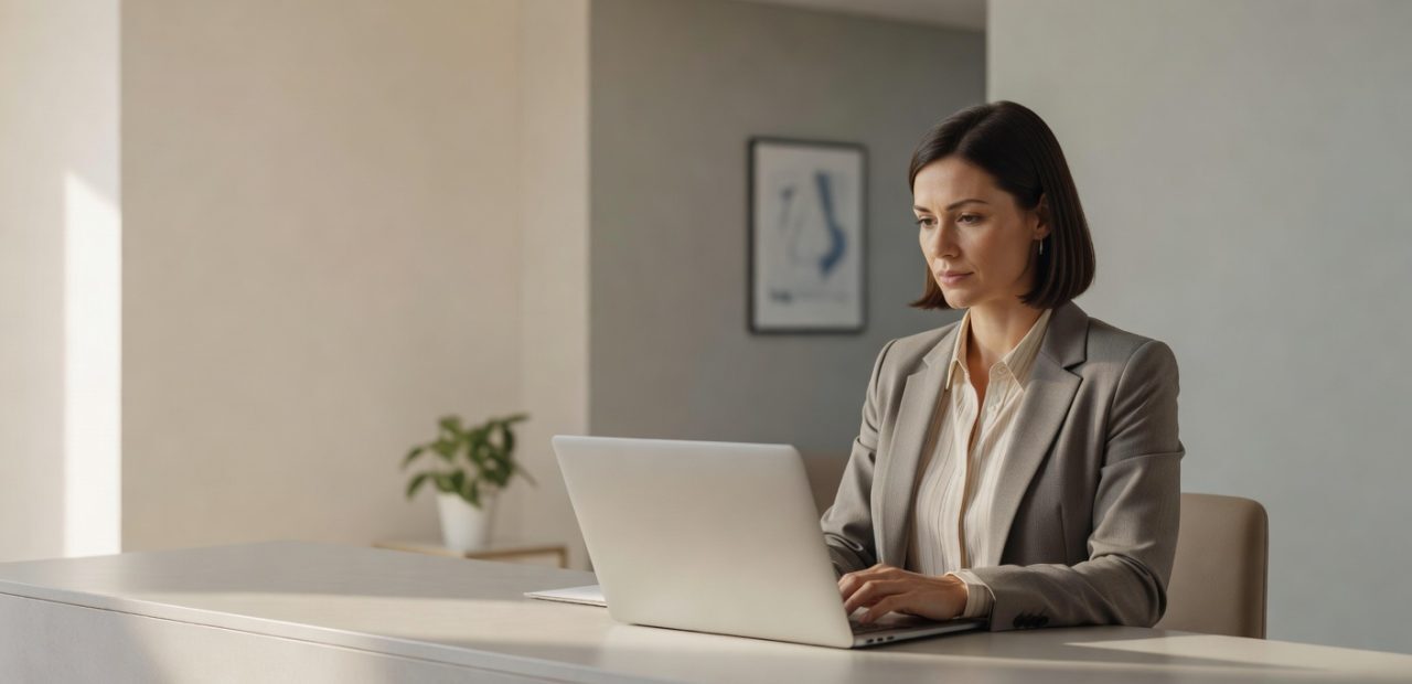 Practice administrator reviewing on-page SEO performance on a laptop at a medical practice desk