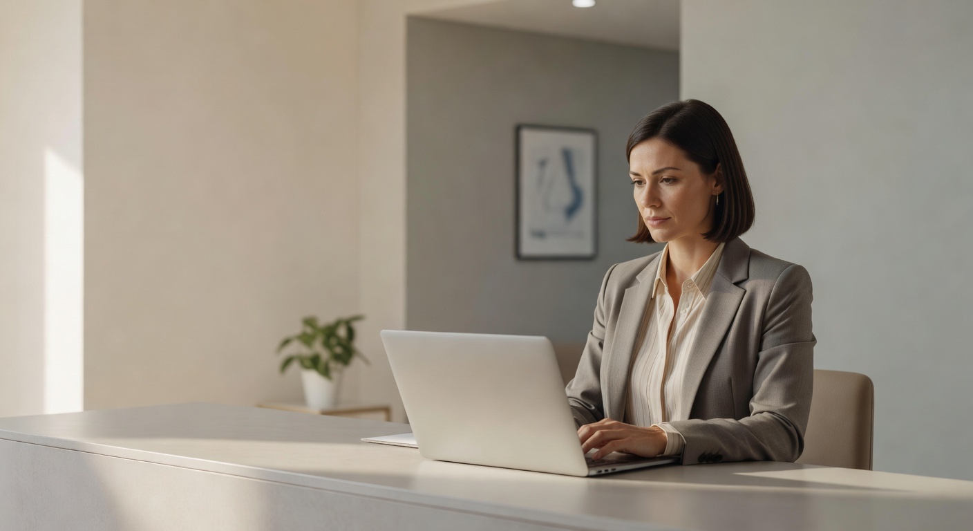 Practice administrator reviewing on-page SEO performance on a laptop at a medical practice desk