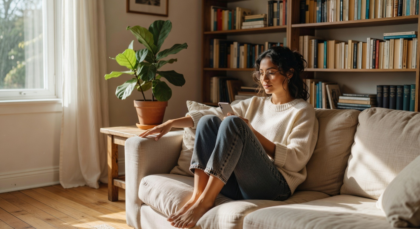 Person sitting in a sunlit living room searching on their phone - representing a patient researching healthcare providers online