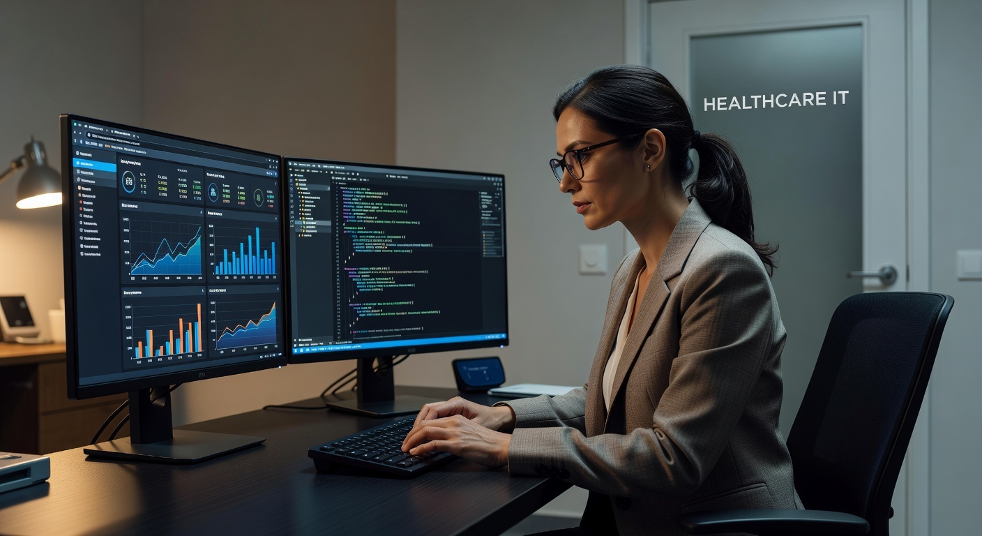 Healthcare IT professional reviewing technical SEO data and website analytics on dual monitors