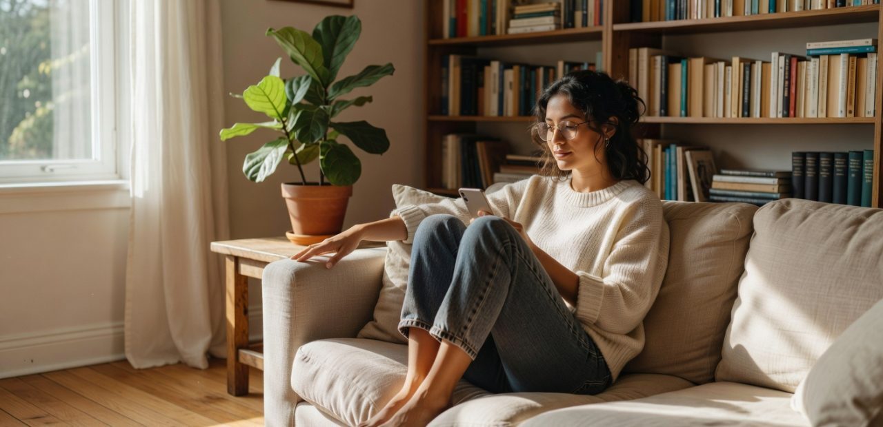 Person sitting in a sunlit living room searching on their phone - representing a patient researching healthcare providers online