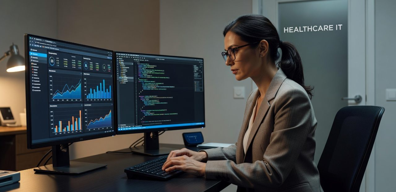 Healthcare IT professional reviewing technical SEO data and website analytics on dual monitors