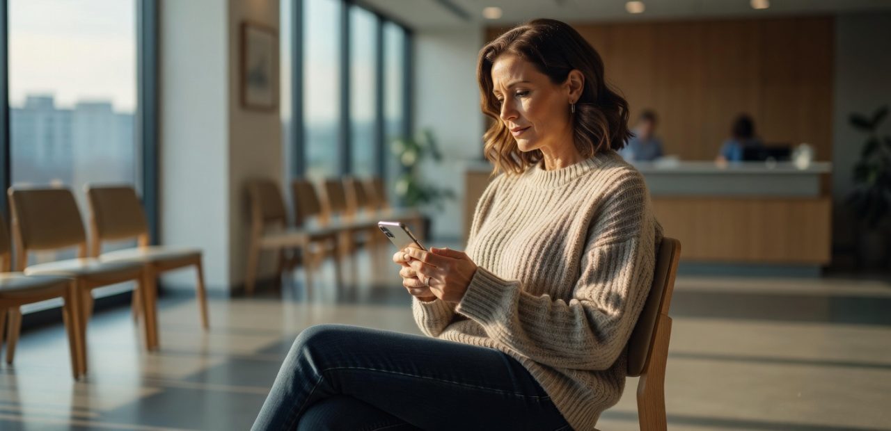 Patient in a medical waiting room searching on their phone - representing the patient journey that healthcare SEO is built to intercept