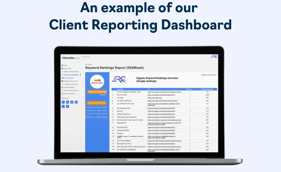 How to Choose an SEO Agency: 6 Questions to Ask When Vetting a Potential SEO Partner 1 Direction.com client reporting dashboard